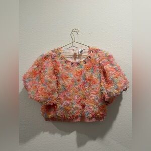 QUEEN OF SPARKLES Pastel Multicolor Floral Puff-Sleeve Crop Top